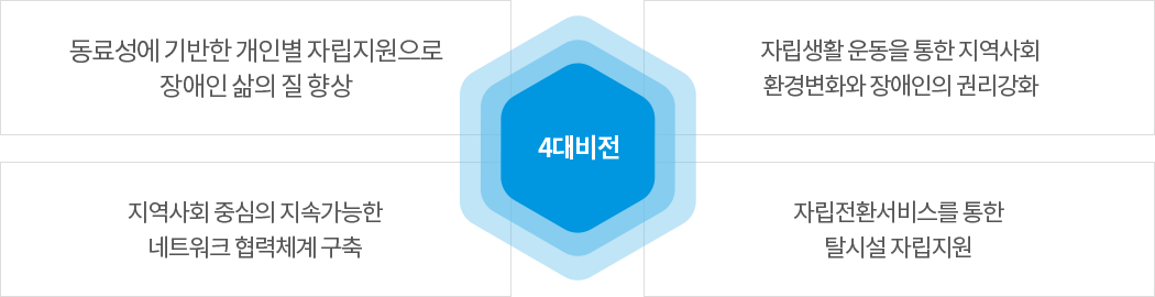 4대비전 - 동료성에 기반한 개인별 자립지원으로 장애인 삶의 질 향상, 자립생활 운동을 통한 지역사회 환경변화와 장애인의 권리강화, 지역사회 중심의 지속가능한 네트워크 협력체계 구축, 자립전환서비스를 통한 탈시설 자립지원